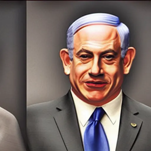 Image similar to benjamin netanyahu swirling into madness, by michael cheva and salvador dali and wayne barlower