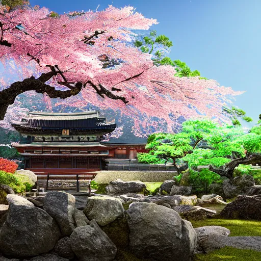 Image similar to An ancient shinto temple from Feudal Japan::8 cherry blossom trees::6 temple ruins::7 plant vegetation::5 fluffy clouds::3 sun rays::2 hyper realistic, high details, vivid colors, intricate details, artstation, octane, 8k