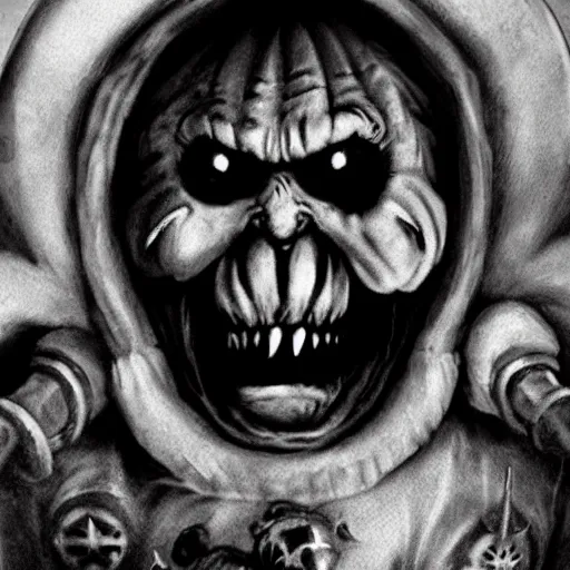 Image similar to vladimir putin demonic horror jester face, in teletubby costume, polaroid black and white picture, 1 9 th century, scary horrifying satanic rituals, hell gate warhammer 4 0 k style