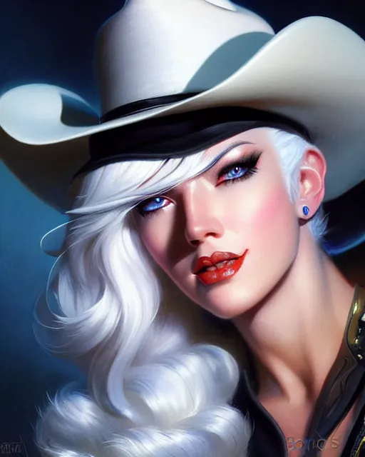 Image similar to ashe from overwatch, white hair, black cowboy hat, character portrait, portrait, close up, highly detailed, intricate detail, amazing detail, sharp focus, vintage fantasy art, vintage sci - fi art, radiant light, caustics, by boris vallejo