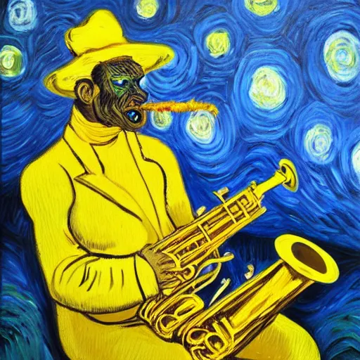 Prompt: man sitting in a yellow costume with a yellow hat holding a saxophone, smoking a cigarette, blue skin, blue smoke, dark background, realistic painting, artwork, meditative, impressionistic, van gogh, monet
