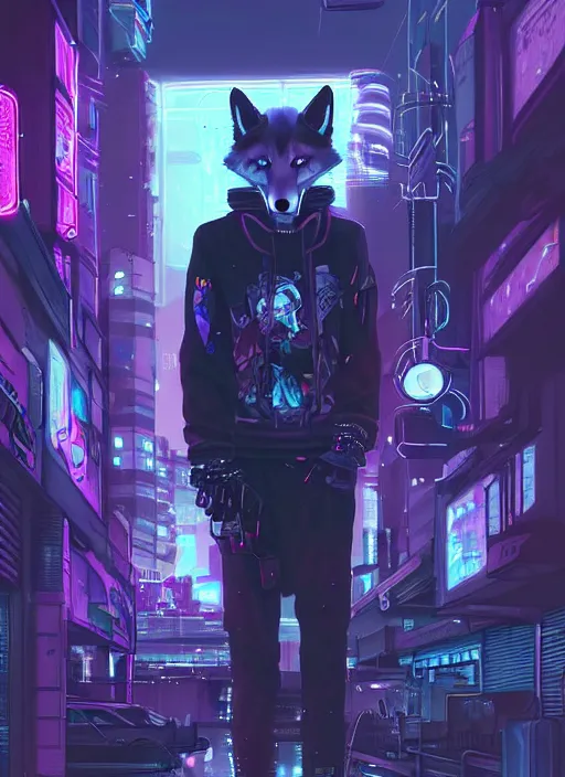 Prompt: beautiful portrait commission of a male furry anthro husky werewolf fox fursona wearing cyberpunk skater clothes. Cyberpunk city at night in the rain. Neon light. Atmospheric. Character design by charlie bowater, ross tran, artgerm, and makoto shinkai, detailed, inked, western comic book art