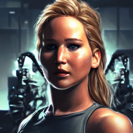 Prompt: Jennifer Lawrence as the Terminator, hyperdetailed, artstation, cgsociety, 8k