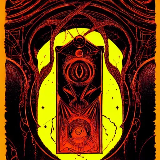 Image similar to red curtains, black paper + tarot card + eldritch god, vintage detailed sci-fi illustration designed by Marc Simonetti and Mike Mignola + psychedelic black light style + intricate ink illustration + symmetry + bloodborne, dark and mysterious, atmospheric, ominous, eerie, cinematic, 4k, ultra detail, ultra realistic