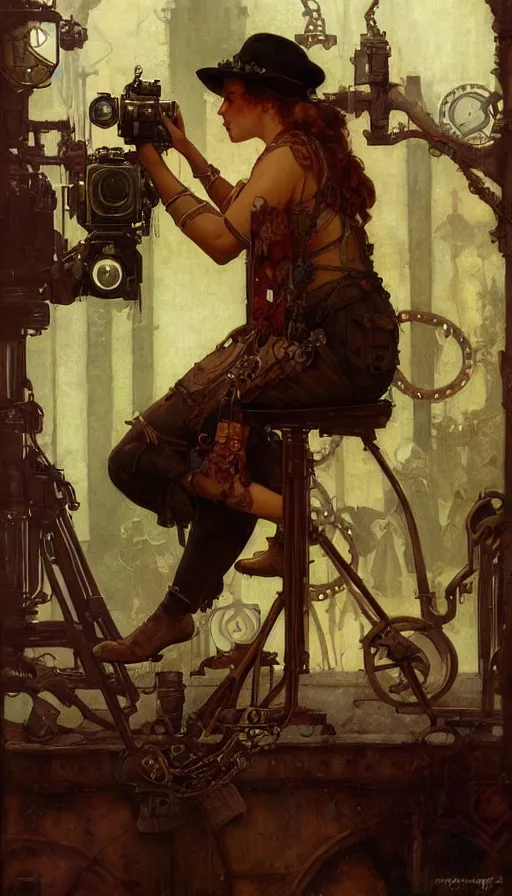 Image similar to hyper realistic photographer looking through camera towards viewer, magical, steampunk, painted by james gurney, norman rockwell, tom bagshaw, mucha, gaston bussiere, craig mullins, j. c. leyendecker 8 k