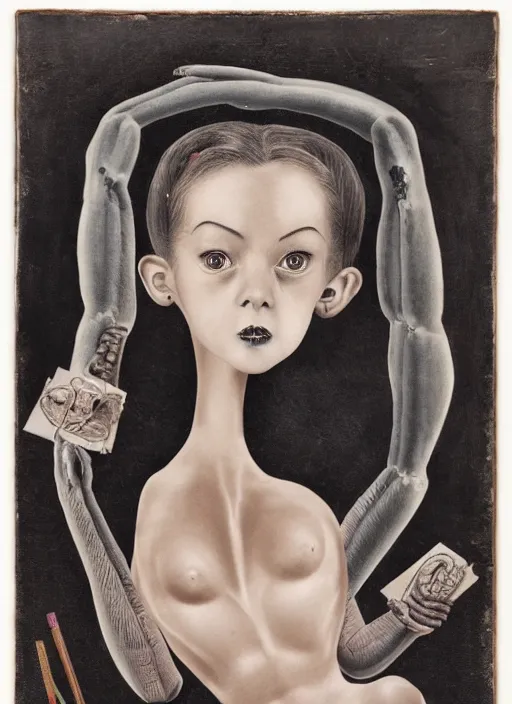 Image similar to surreal portrait of a creature with the body of a 1950's school-girl and whose head is a tarantula, inspired by Mark Ryden and Marion Peck, hints of Cronenberg