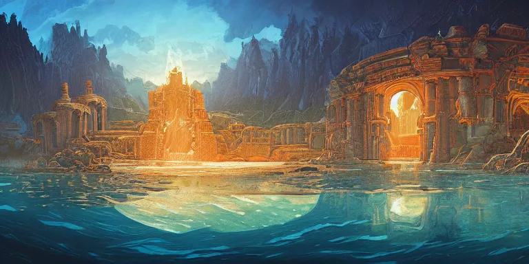 Image similar to a beautiful painting of the lost city of atlantis by amir zand and dan mumford ; trending on artstation, conceptartworld, hd, 8 k, 4 k, high def