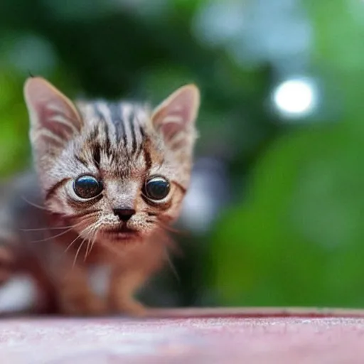 Image similar to photo of world's smallest cat the size of a honeybee, bee with the face of a cat