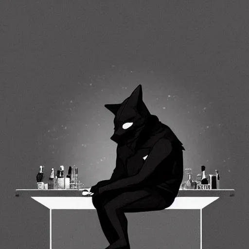 Image similar to Wolf like a Human, dressed black hoodie, sitting at the bar, light falls on him, sad mood, digital art, artstation, high quality, detailed,