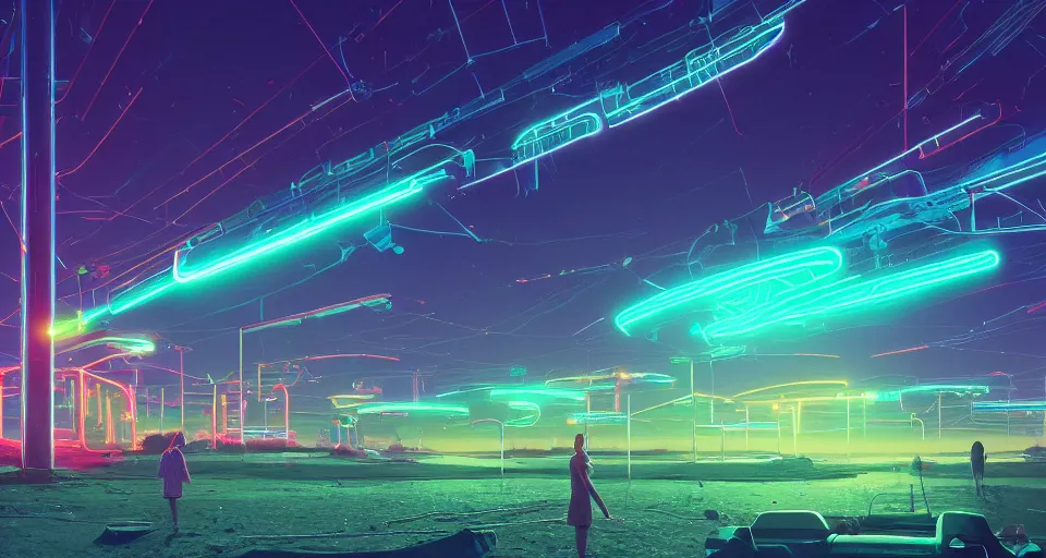 Image similar to Various Neon tube lights over a surreal landscape, rendered by simon stålenhag, rendered by Beeple, Makoto Shinkai, syd meade, environment concept, digital art, unreal engine, 3 point perspective, WLOP, trending on artstation, low level, 4K UHD image, octane render,