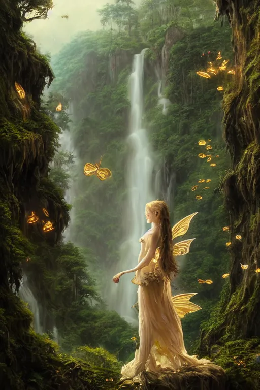 Image similar to detailed intricate digital illustration by greg rutkowski and david friedrich and ruan jia and fenghua zhong and steven belledi ; portrait of fairy girl standing in gothic fantasy valley and waterfall faerie fey unseelie in background ; 1 3 mm film, arri alfa anamorphic lens ; sharp focus, golden hour, fireflies ; trending on artstation 8 k closeup