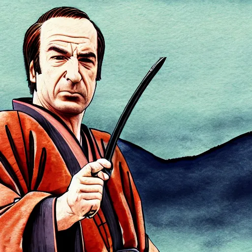 Image similar to saul goodman from breaking bad wearing samurai armor and holding a katana in feudal japan, 4 k, hyper realistic, ink block painting, edo period