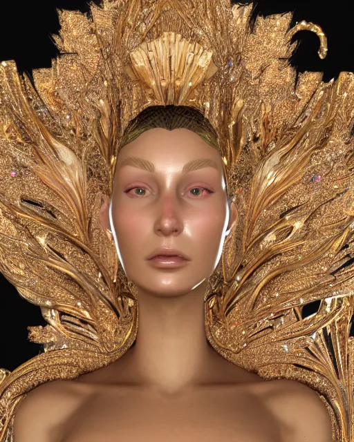 Prompt: a highly detailed metahuman 4 k close up render of an alien goddess bella hadid monument face accessories in iris van herpen dress schiaparelli in diamonds crystals swarovski and jewelry iridescent in style of alphonse mucha gustav klimt trending on artstation made in unreal engine 4