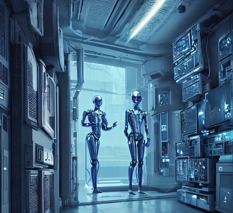 Image similar to hyperrealism stock photography of highly detailed stylish humanoid robot in sci - fi cyberpunk style by gragory crewdson and vincent di fate with many details by josan gonzalez working in the highly detailed data center by mike winkelmann and laurie greasley hyperrealism photo on dsmc 3 system rendered in blender and octane render