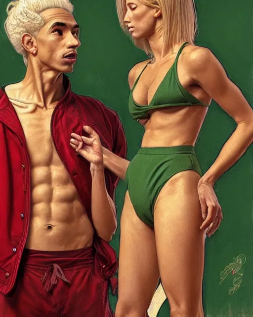 Image similar to Portrait of mixed race skinny man in a tracksuit & a blonde woman wearing a green & red bikini exchanging roosters in London,real life skin, intricate, elegant, highly detailed, artstation, concept art, smooth, sharp focus, art by artgerm and greg rutkowski and alphonse mucha