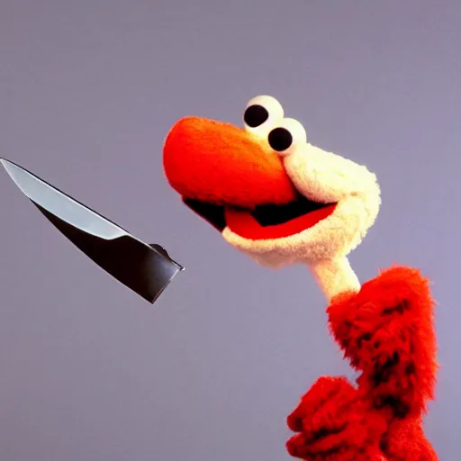 Image similar to elmo holding a bloody knife, forced perspective, as seen by an ant, tv still