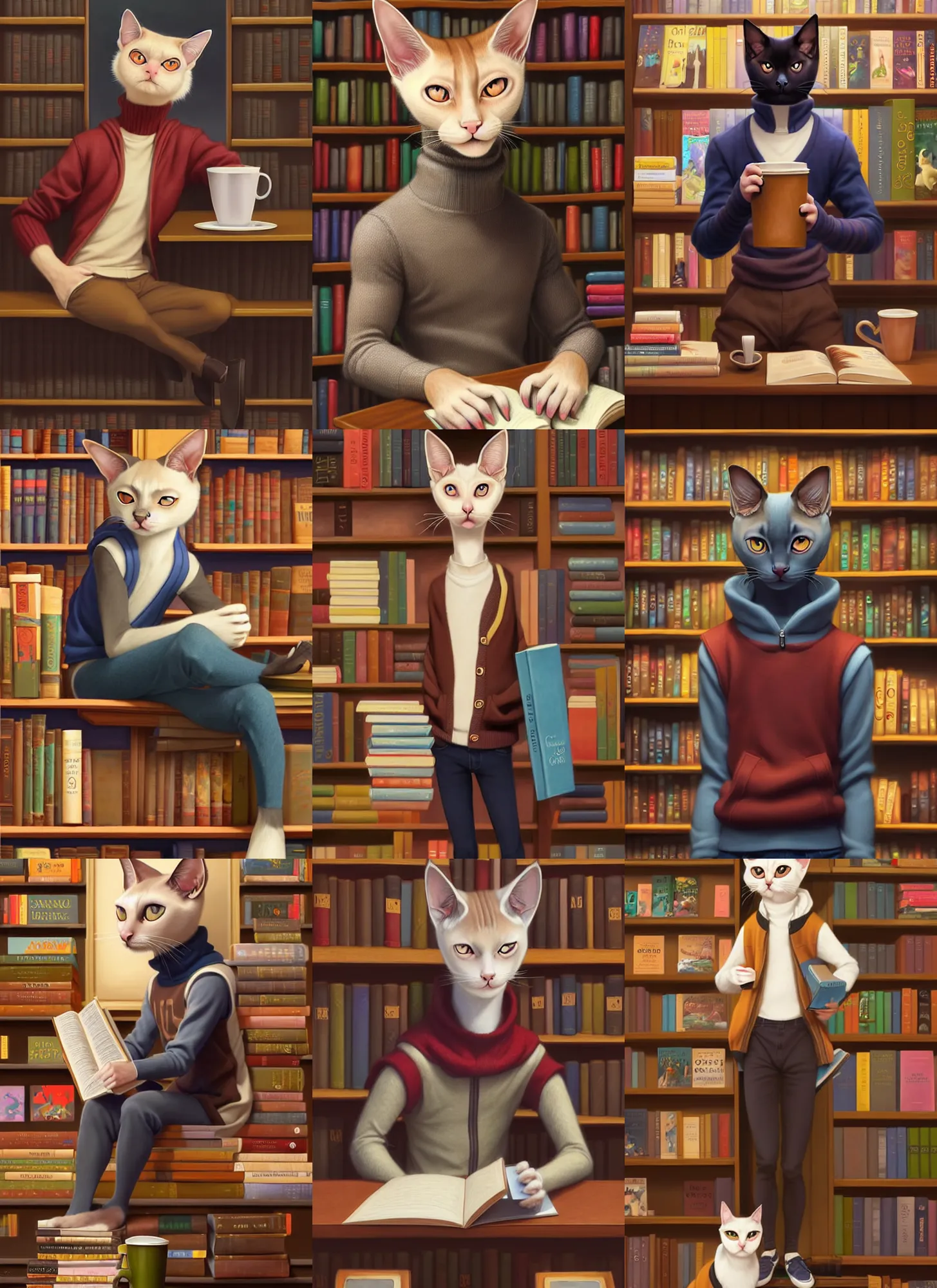 Prompt: full body portrait of a male anthropomorphic siamese cat fursona wearing a sweatervest sitting in a bookstore coffee shop. detailed character design by disney, charlie bowater, ross tran, artgerm, and makoto shinkai, detailed, soft lighting, rendered in octane
