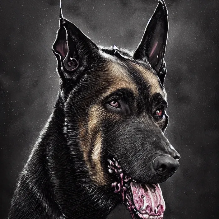 Prompt: portrait of zombie belgian-malinois. intricate abstract. intricate artwork. by Tooth Wu, wlop, beeple, dan mumford. octane render, trending on artstation, greg rutkowski, very coherent symmetrical artwork. cinematic, hyper realism, high detail, octane render, 8k, iridescent accents, deep blacks