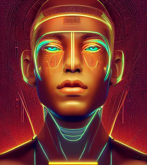 Image similar to symmetry!! egyptian prince of technology, solid cube of light, hard edges, product render retro - futuristic poster scifi, lasers and neon circuits, brown skin man egyptian prince, intricate, elegant, highly detailed, digital painting, artstation, concept art, smooth, sharp focus, illustration, dreamlike, art by artgerm