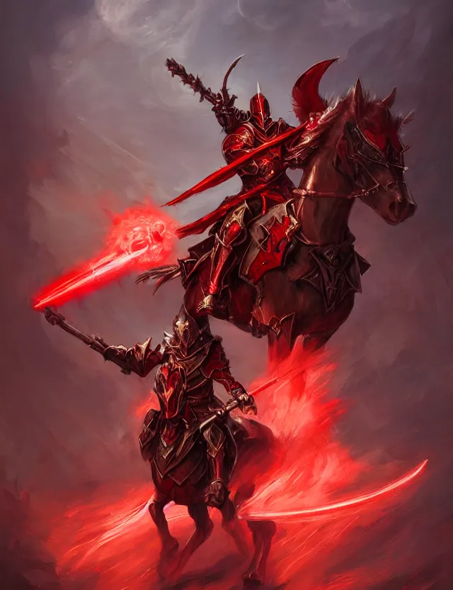 Prompt: a masked knight in crimson armour mounted on a spectral horse, holding a glowing red battle staff, by frank fazetta and peter mohrbacher, trending on artstation, digital art, 4 k resolution, detailed, high quality, hq artwork, coherent, insane detail, concept art, character concept, character full body portrait