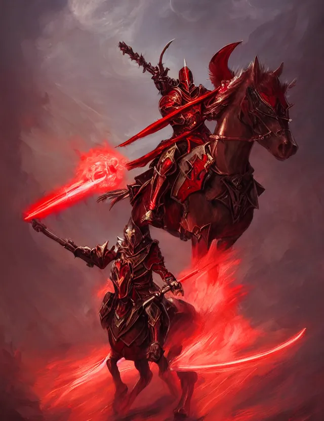 Image similar to a masked knight in crimson armour mounted on a spectral horse, holding a glowing red battle staff, by frank fazetta and peter mohrbacher, trending on artstation, digital art, 4 k resolution, detailed, high quality, hq artwork, coherent, insane detail, concept art, character concept, character full body portrait