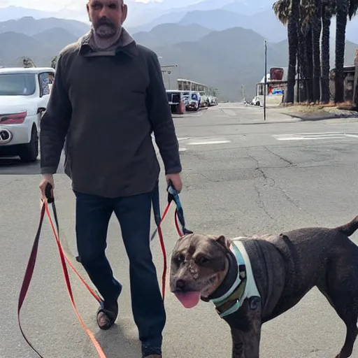 Prompt: A random man walking with a dog in the style of GTA 5