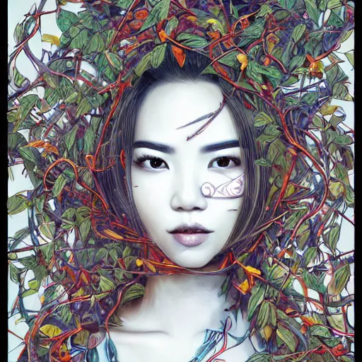 Prompt: the face of an incredibly beautiful and elegant vietnamese woman partially made of tomatoes vines and grass, an ultrafine detailed illustration by james jean, final fantasy, intricate linework, bright colors, behance contest winner, vanitas, angular, altermodern, unreal engine 5 highly rendered, global illumination, radiant light, detailed and intricate environment