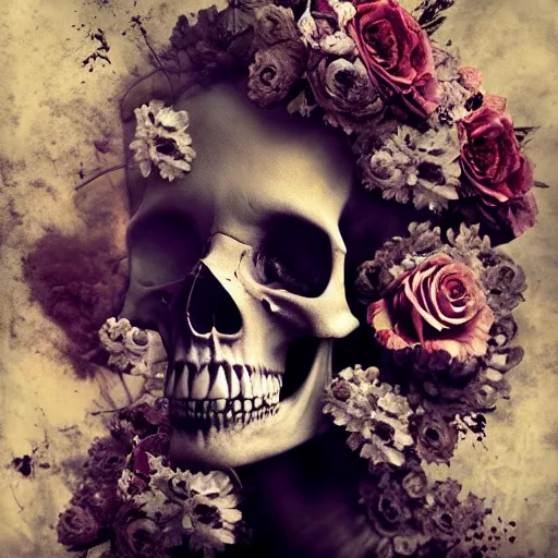 Image similar to skull and cemetary flowers, by brooke shaden and alberto seveso and eve ventrue and john salminen and tim okamura, trending on artstation hq, deviantart, pinterest, 4 k uhd image