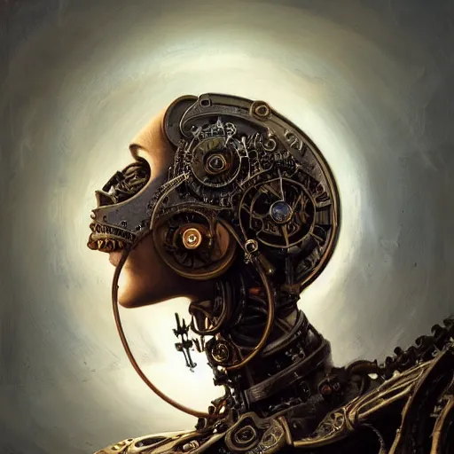 Image similar to low angle shot of a steampunk cyborg by clive barker, intricate, elegant, highly detailed, centered, digital painting, artstation, concept art, smooth, sharp focus, illustration, artgerm, Tomasz Alen Kopera, Peter Mohrbacher donato giancola, Joseph Christian Leyendecker, WLOP, Boris Vallejo.