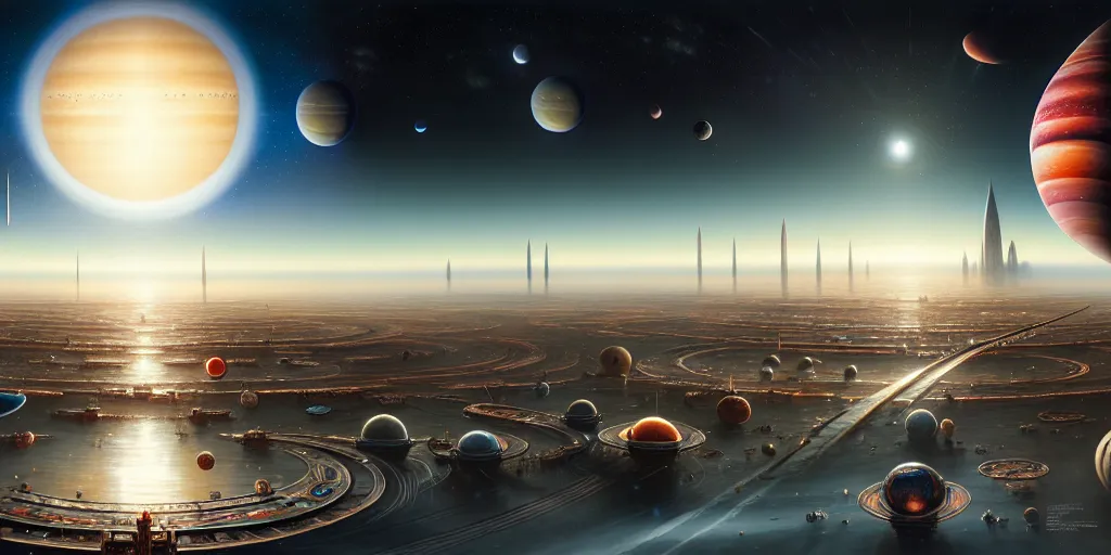 Image similar to planetary city, 2 biggest planets on the horizon of different sizes, intricate, highly detailed, photorealistic, digital painting, artstation, illustration, concept art, smooth, sharp focus, by ansel adams, bernardo bellotto, john collier, albert aublet and krenz cushart