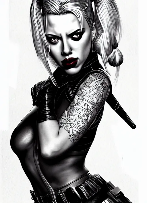 Image similar to symmetry concpet art, full shot, traditional ink, sketch, of scarlet johansson as harley quinn, line sketch, intricate, elegant, highly detailed, monochrome, digital painting, artstation, concept art, sharp focus, illustration, art by borderlands 3 and peter polach