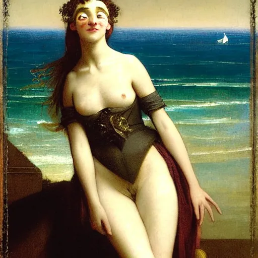 Image similar to A girl jester on the front of a Balustrade with a beach on the background, major arcana, by paul delaroche, hyperrealistic