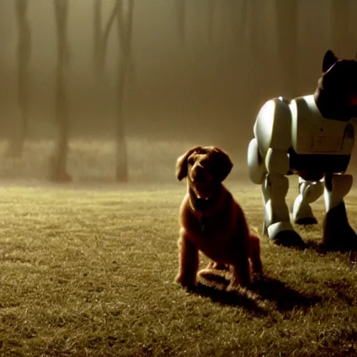 Prompt: movie still of robot white swiss shepperd dog cyborg, cinematic composition, cinematic light, criterion collection, by edgar wright