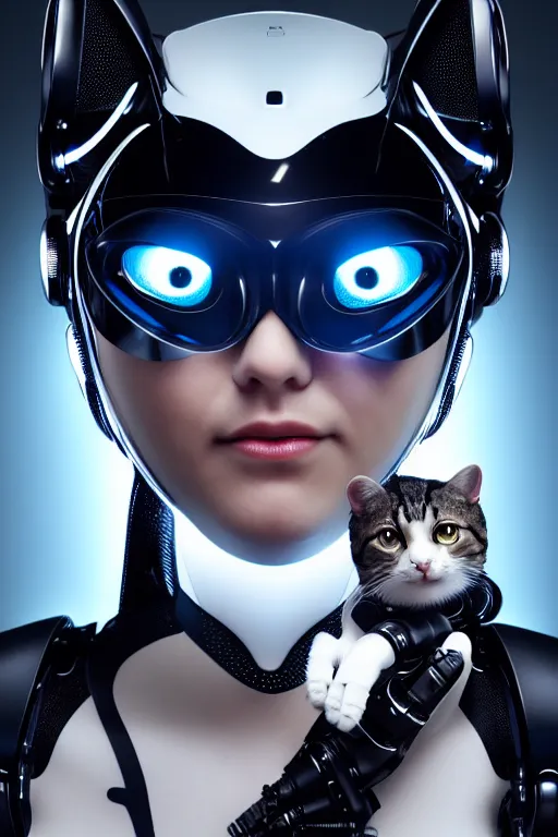 Image similar to cybernetic high tech catgirl with a cybercat on her head, sci - fi, cyberpunk, futurism, exoskeleton, strong artificial intelligence, symmetry, cinematic, elegant, luxury, professional studio light, perfect composition, dlsr photography, sharp focus, 8 k, ultra hd, sense of awe, highly detailed, hyper realistic, intricate, science journal cover