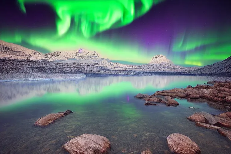 Image similar to beautiful landscape photography ok a glacial lake at night with northern lights by Marc Adamus