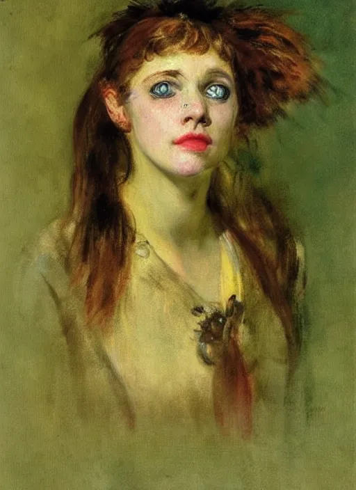 Image similar to a portrait of a pretty sewer punk young lady by adolph menzel