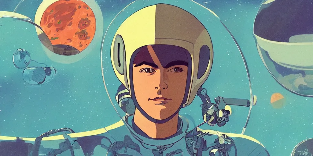 Prompt: a portrait of Alain Delon pilot in spacesuit on field forrest spaceship station landing laying lake artillery outer worlds in FANTASTIC PLANET La planète sauvage animation by René Laloux