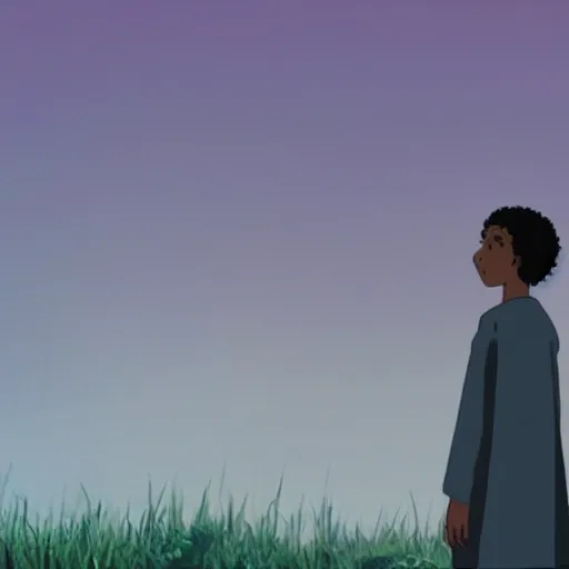 Prompt: dark skin man in studio ghibli film, standing alone in the middle of nature, dreamy, wide shot, intricate details, curly hair