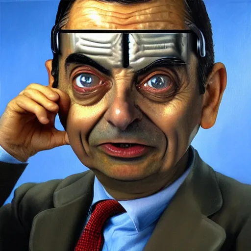 Image similar to a realistic oil painting of mr bean as a cybernetic cyborg, surrealism portrait, surrealism album cover