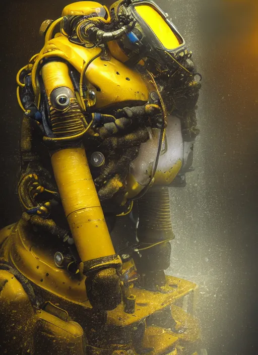 Image similar to a photorealistic dramatic hyperrealistic underwater render of an exosuit deep sea submersible, ultra realistic details, glossy yellow, well worn, rust, oil stains by vitaly bulgarov and mike nash, beautiful dramatic dark moody tones and lighting, cinematic atmosphere, studio lighting, global illumination, shadows, dark background, octane render, 8 k