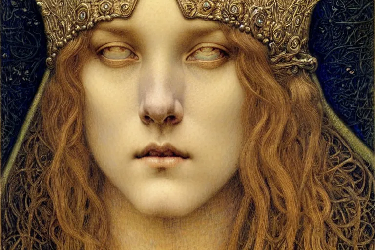 Image similar to detailed realistic beautiful young medieval queen face portrait by jean delville, gustave dore and marco mazzoni, art nouveau, symbolist, visionary, gothic, pre - raphaelite. horizontal symmetry