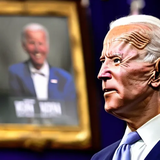 Image similar to alien, wearing a wig and a dress and ((Joe Biden)) at a press conference, photograph, highly detailed, 4K