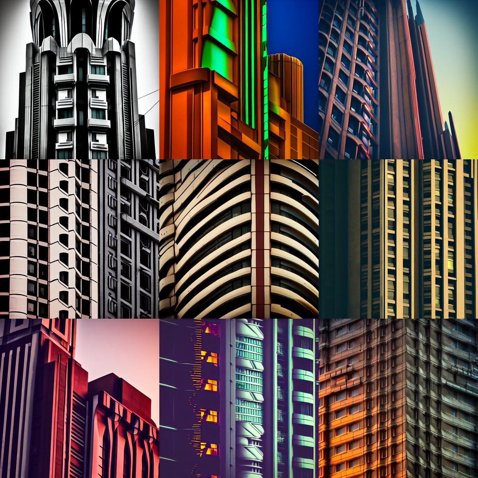 Prompt: detailed photo of a Art Deco cyberpunk building at dawn,