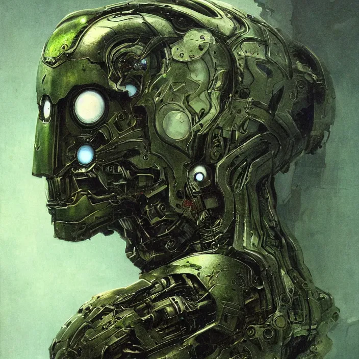 Image similar to portrait of a green ultron from age of ultron, clockwork steampunk, dieselpunk, head and chest only, by beksinski, 4 k, deviantart, trending on artstation