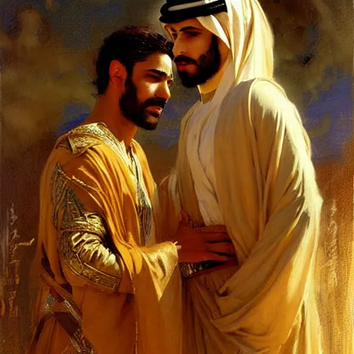 Image similar to attractive arab king confesses his love for his attractive male prince. highly detailed painting by gaston bussiere, craig mullins, j. c. leyendecker