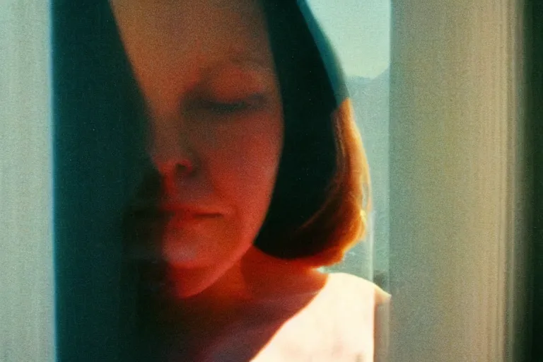 Prompt: close-up color film photography 1970s, Woman\'s portrait with the shadow of the blinds on her face, soft focus, golden hour, soft light, 35mm, film photo, Joel Meyerowitz