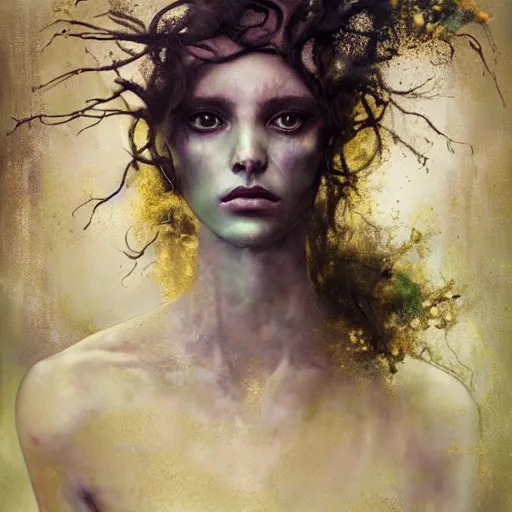 Prompt: Medusa by cy Twombly and BASTIEN LECOUFFE DEHARME, gold and emerald, iridescent, volumetric lighting