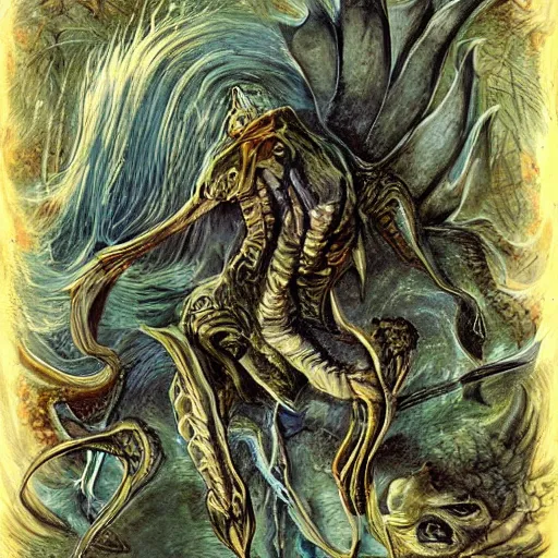 Image similar to bestiary of creatures from the depths of the unconscious psyche