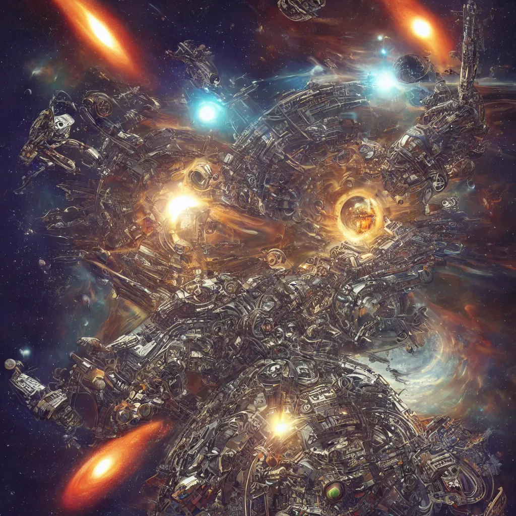 Prompt: mechanical humanoid alien god attacking planets in space, art by mark cooper, 8 k, hyper detailed, hdr, intricate, masterpiece, in the style of mark cooper