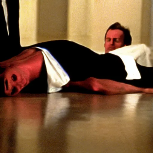 Prompt: Donald Trump laying dead on the floor in American Psycho (1999)